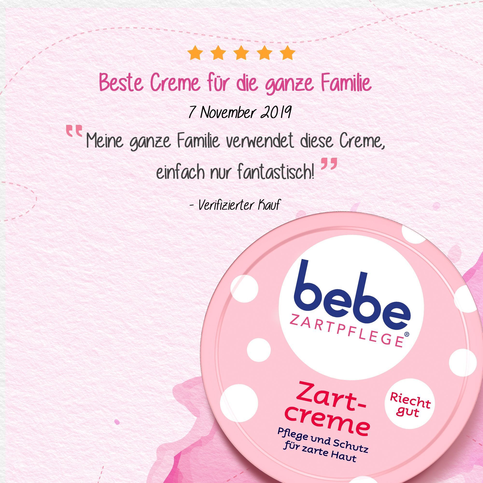 Ein Becher 'bebe Zartcreme' neben einer Kundenbewertung.
