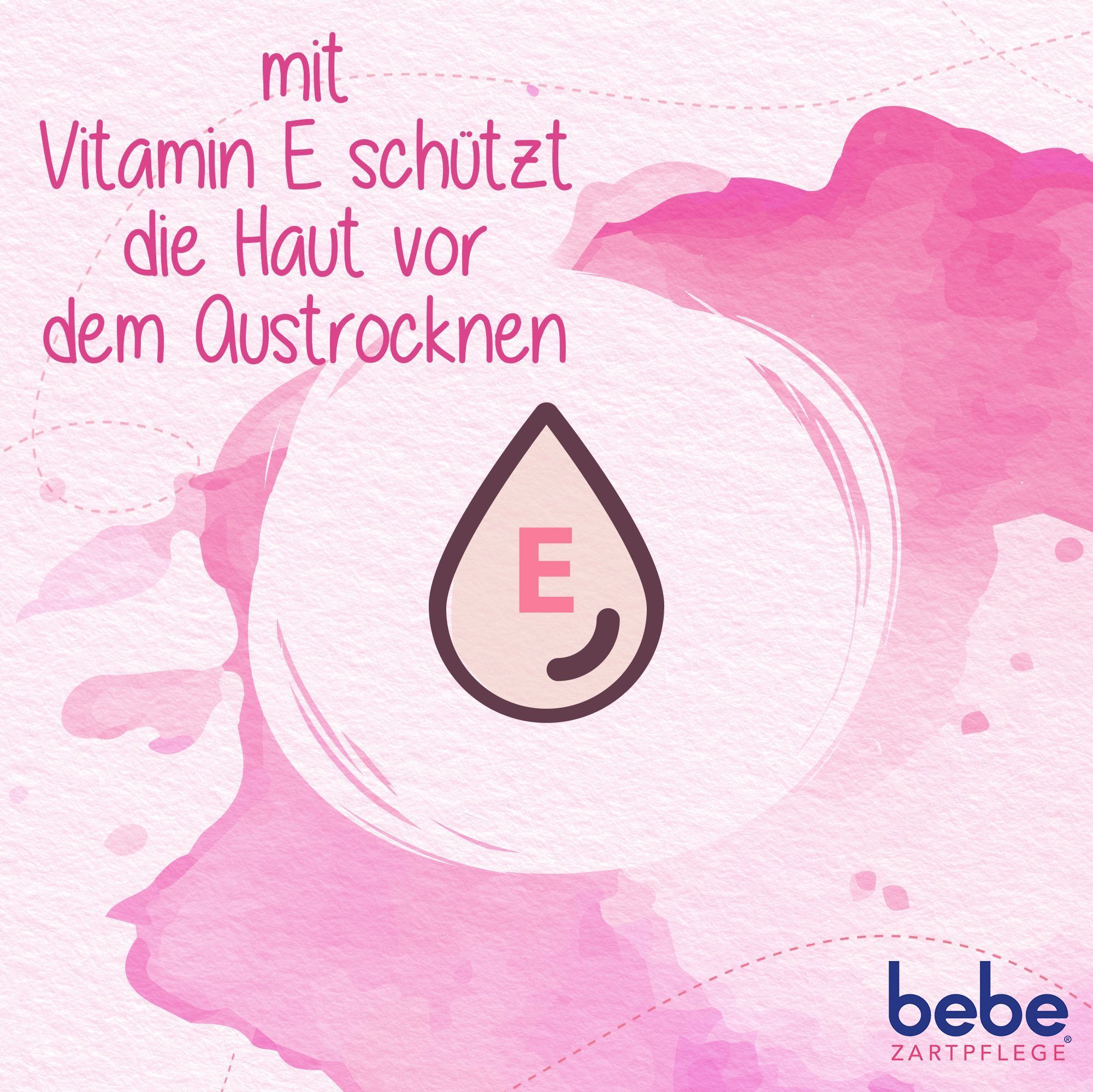 Symbol eines Tropfens mit 'E' darin, daneben der Text 'mit Vitamin E schützt die Haut vor dem Austrocknen'.