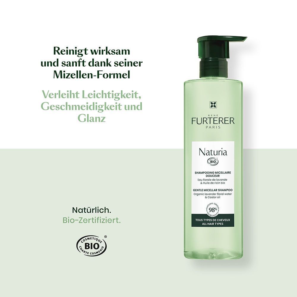 René Furterer Naturia Sanftes Mizellen-Shampoo mit Pumpspender und Bio-Siegel.