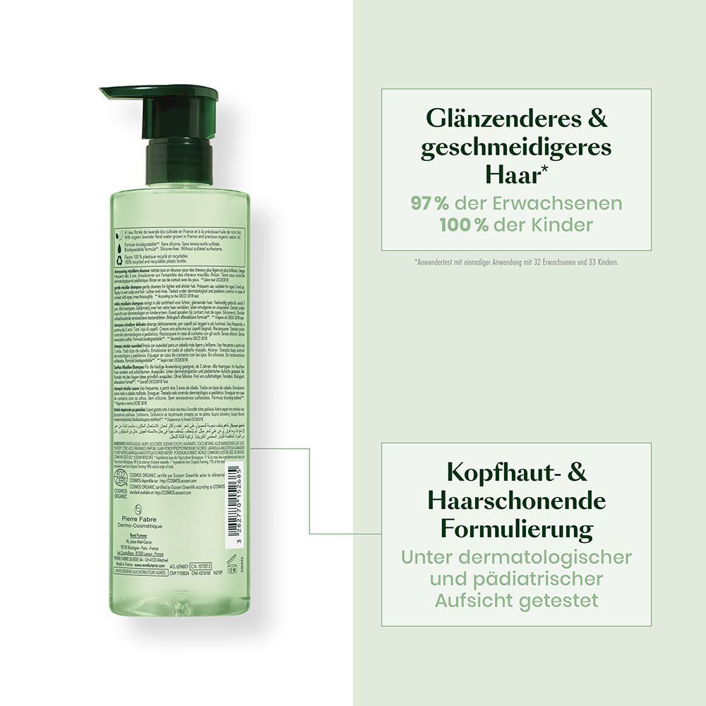 Rückseite einer Flasche René Furterer Naturia Sanftes Mizellen-Shampoo mit Inhaltsangaben.