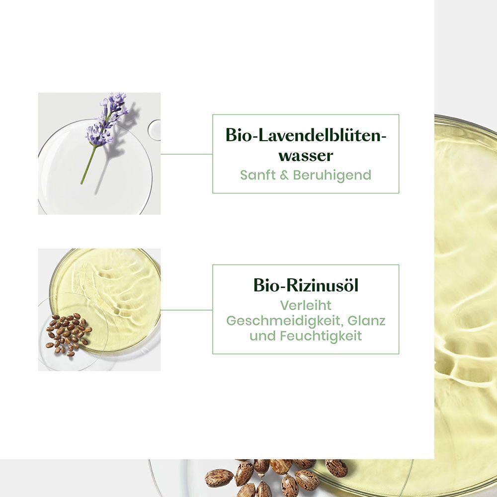 Inhaltsstoffe Bio-Lavendelblütenwasser und Bio-Rizinusöl für René Furterer Naturia Shampoo.
