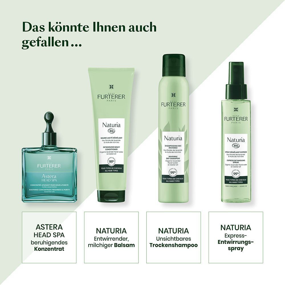 René Furterer Naturia Shampoo, Balsam und Trockenshampoo, daneben Astera Kopfhaut-Konzentrat.
