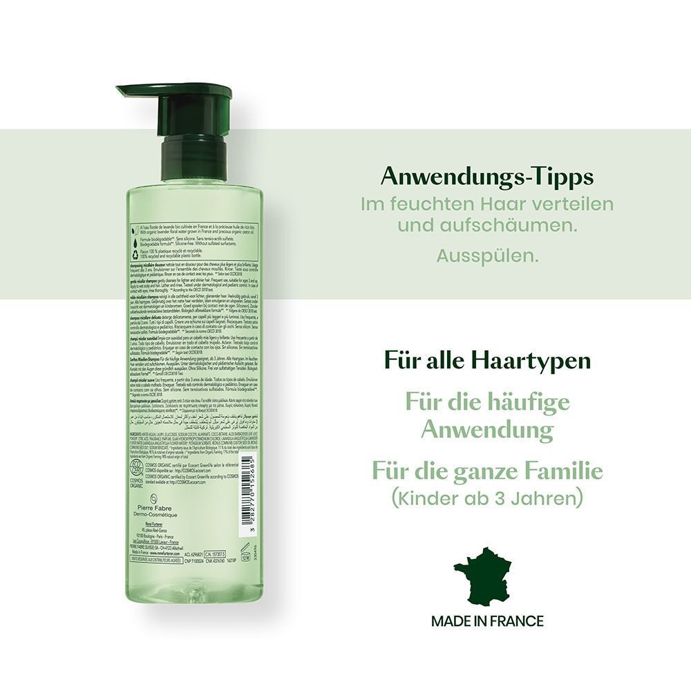 Rückseite einer Flasche René Furterer Naturia sanftes Mizellen-Shampoo und Anwendungstipps.