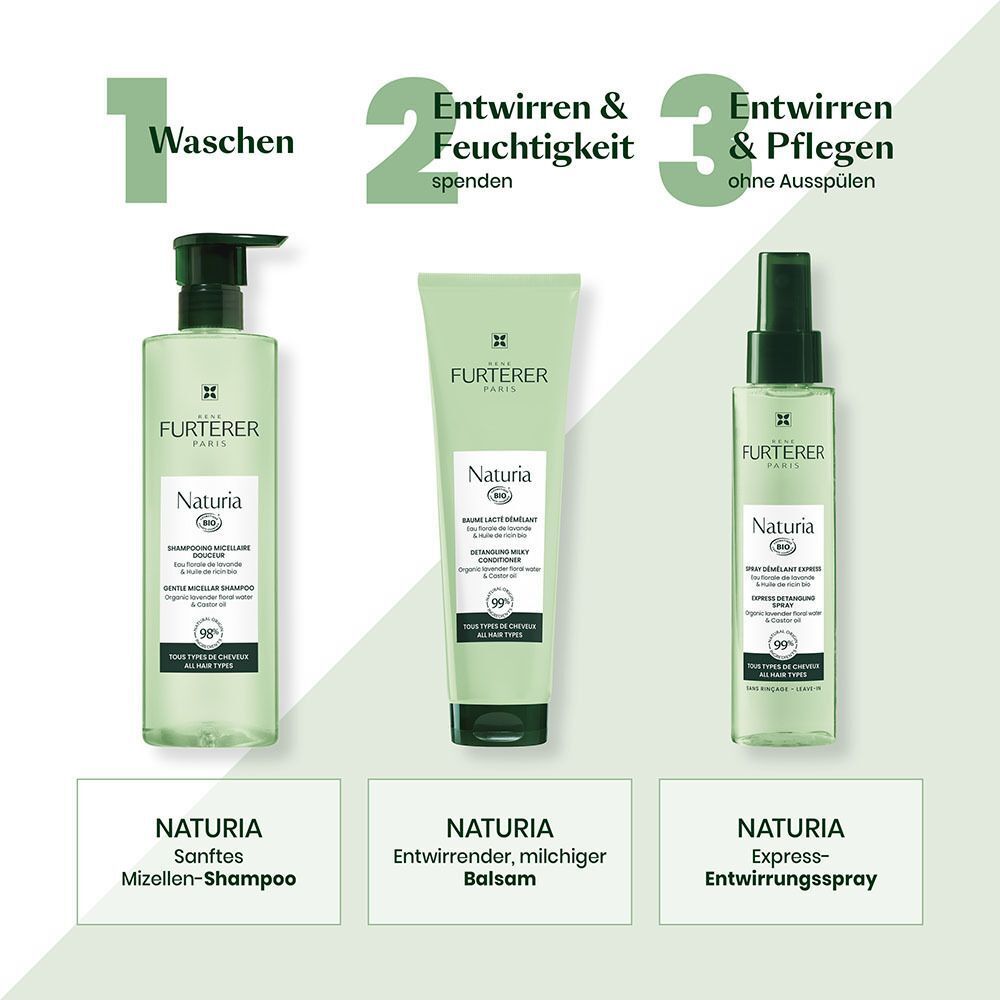 René Furterer Naturia Shampoo, Balsam und Express-Entwirrungsspray.