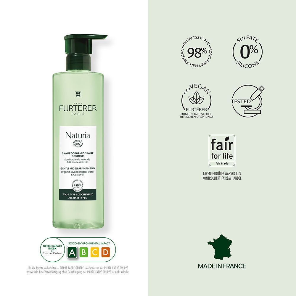 René Furterer Naturia Shampoo mit Siegeln für Bio, Vegan und Fair for Life.