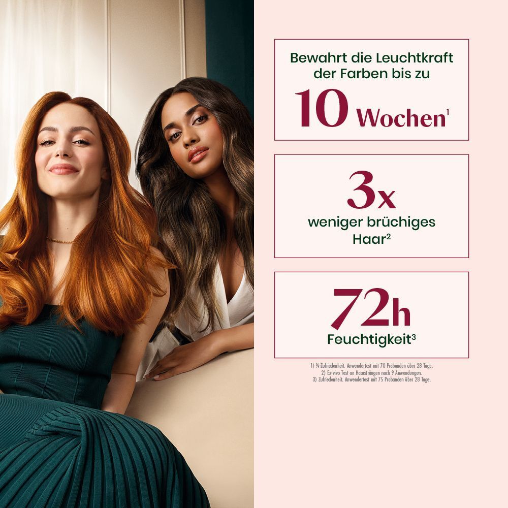Zwei Frauen mit gepflegtem Haar und Textfeldern zu Produktvorteilen.