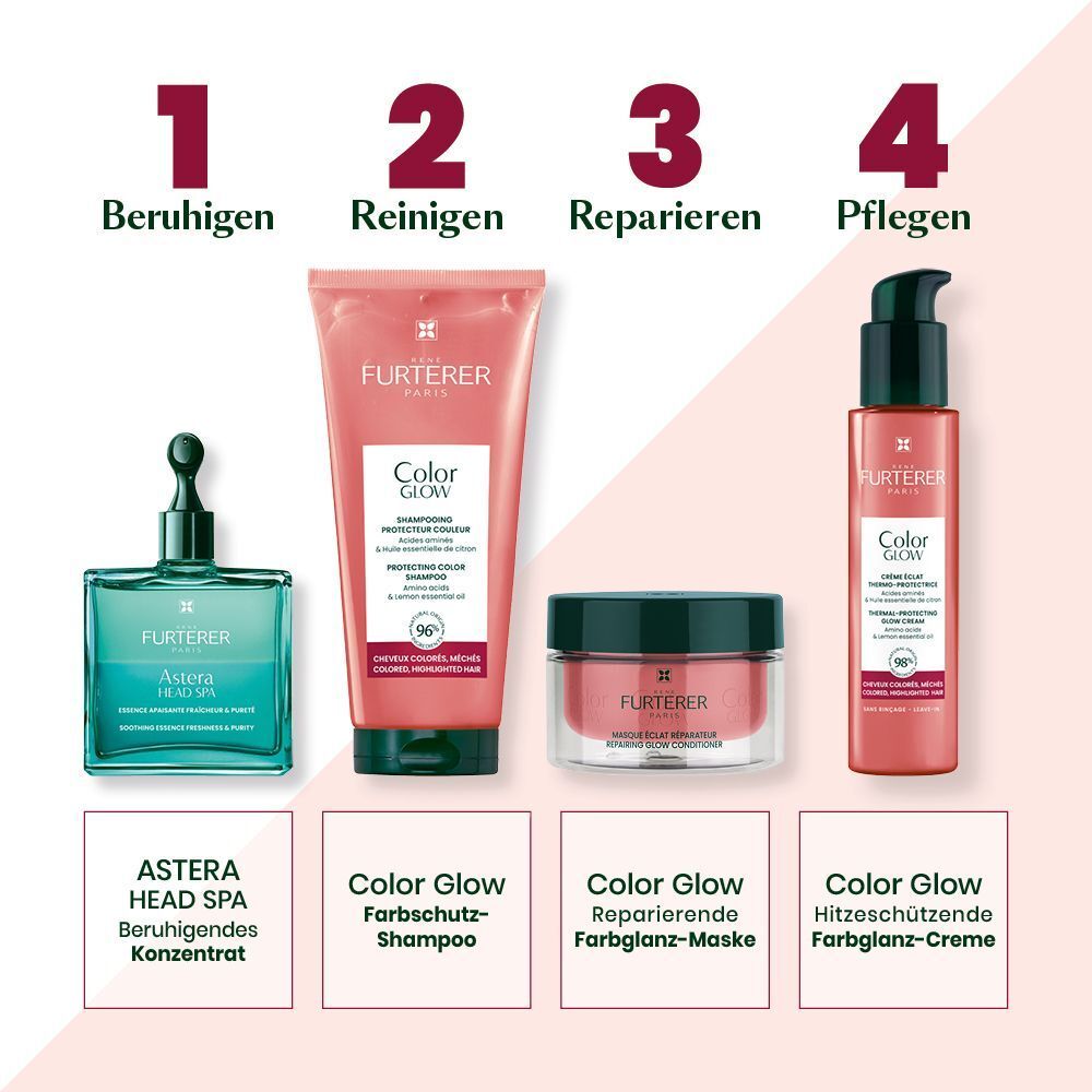 Vier Produkte der Color Glow Serie: Konzentrat, Shampoo, Maske und Creme.