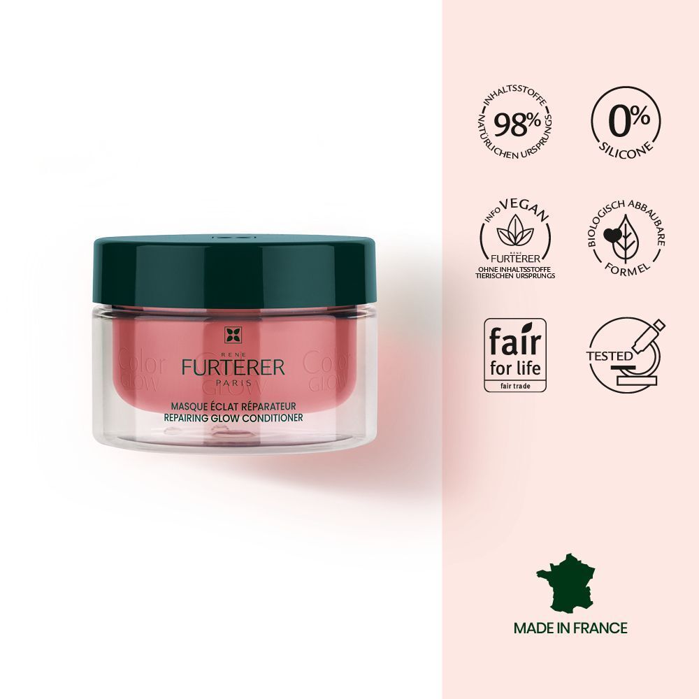 Ein Glas der Maske mit Siegeln für vegan, silikonfrei und Made in France.
