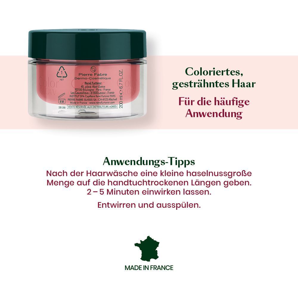 Rückseite der René Furterer Color Glow Maske mit Anwendungshinweisen und 'Made in France'.