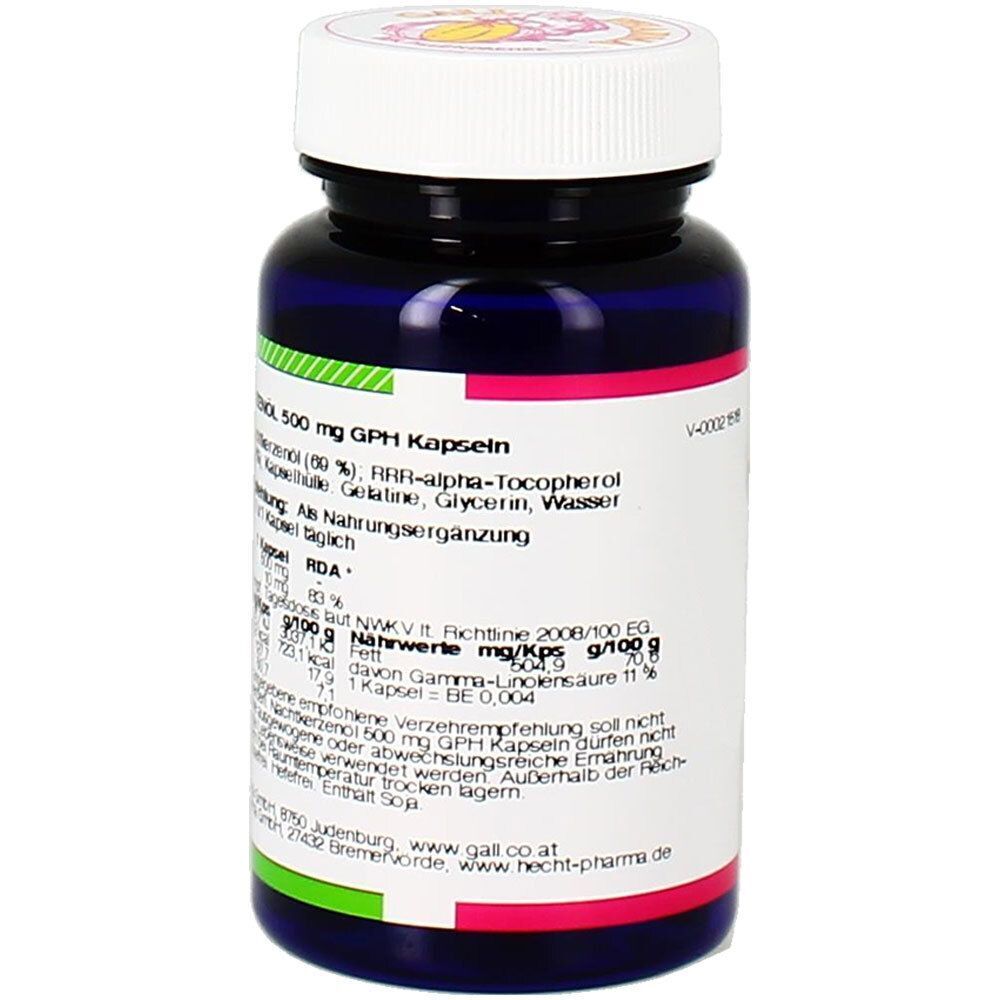 Rückseite einer Flasche Nachtkerzenöl 500 mg GPH Kapseln mit Inhaltsstoffen und Hinweisen.