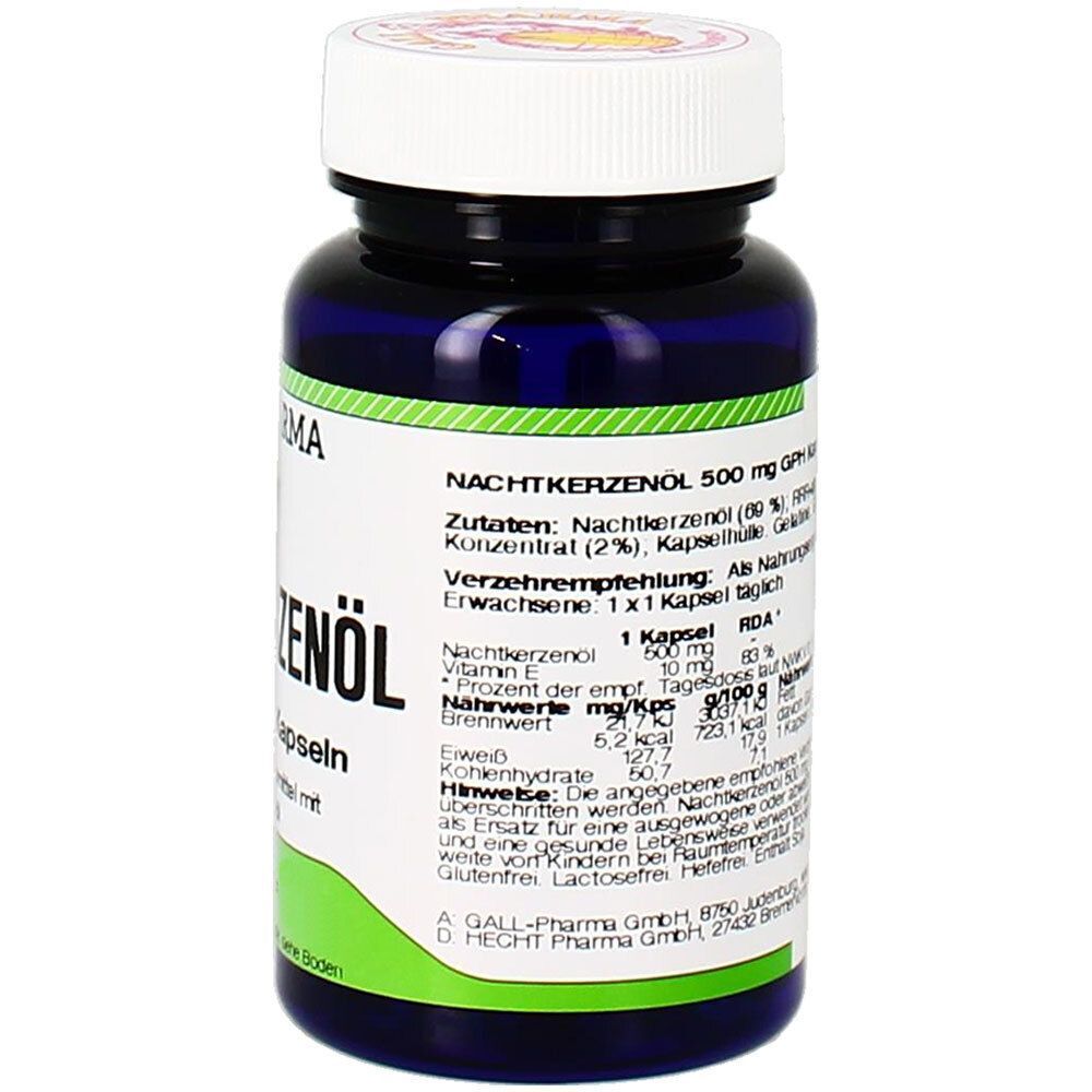 Eine Flasche Nachtkerzenöl 500 mg GPH Kapseln mit Nährwertangaben.