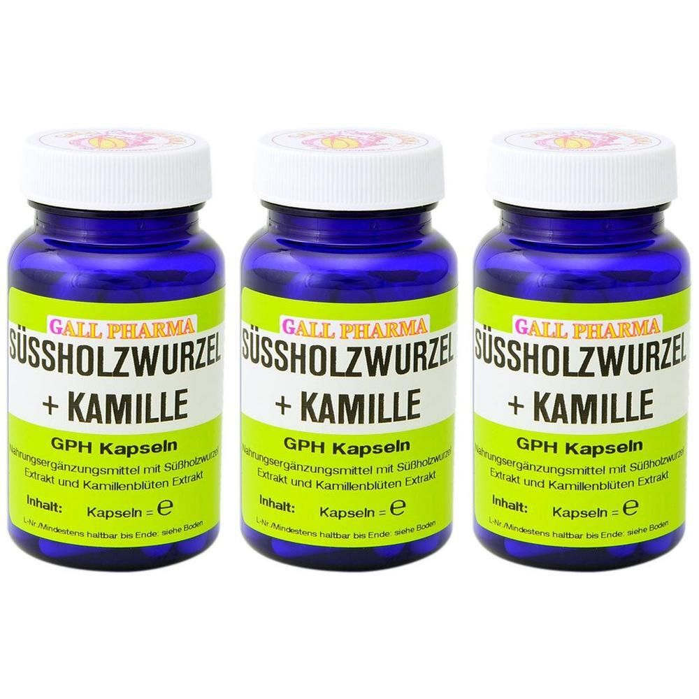 Drei blaue Flaschen mit Süssholzwurzel + Kamille Kapseln von Gall Pharma. Grüne Etiketten mit weißer Schrift.