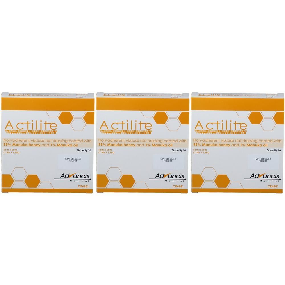 Drei Packungen Actilite-Verband mit Manukahonig und Manukaöl. Jede Packung enthält 10 Stück.