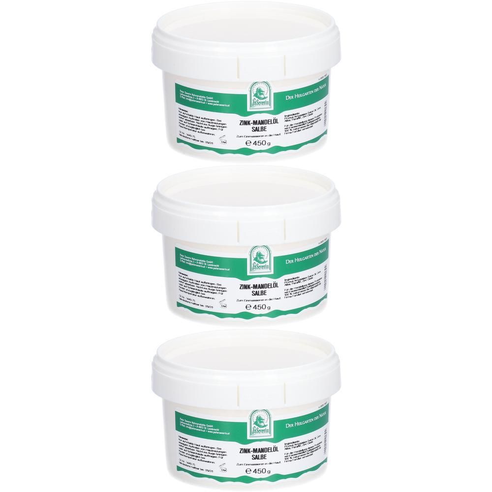 Drei weiße Tiegel mit Zink-Mandelöl Salbe, jeweils 450g.