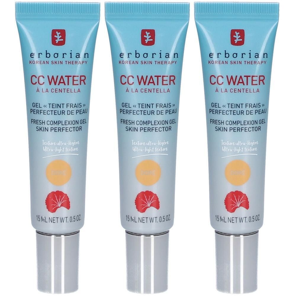 Drei Tuben Erborian CC Water Doré, 15ml.
