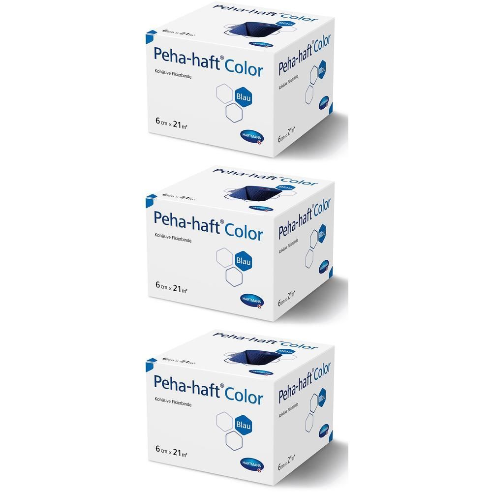 Drei weiße Kartons mit Peha-haft® Color Aufdruck, latexfrei, blau, 6 cm x 21 m.