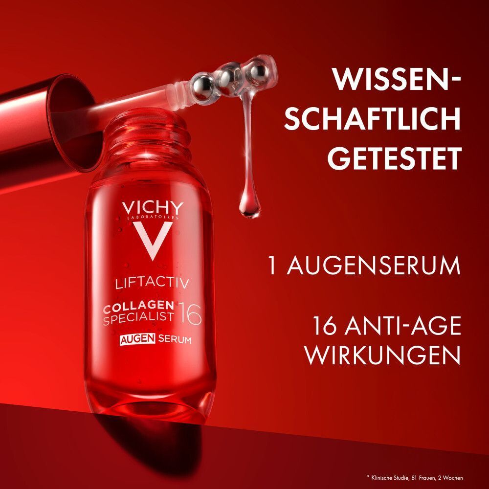 Vichy Liftactiv Collagen Specialist 16 Augenserum Fläschchen mit Applikator und Tropfen.