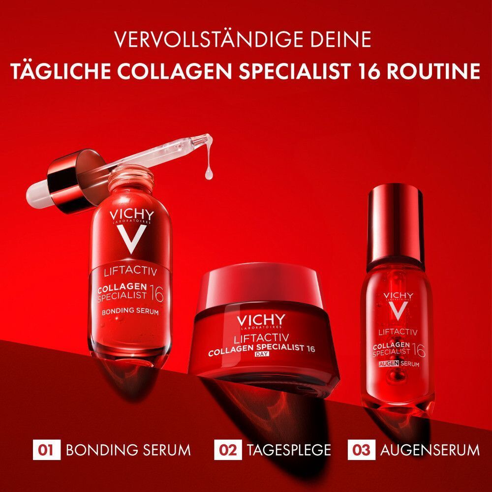 Vichy Liftactiv Collagen Specialist 16 Routine: Bonding Serum, Tagespflege und Augen Serum.