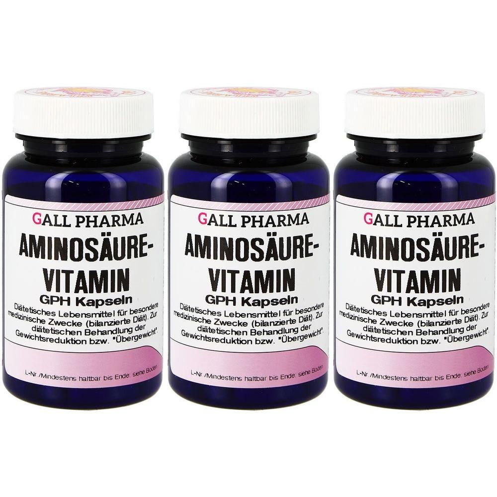 Drei Flaschen GALL PHARMA Aminosäure-Vitamin GPH Kapseln mit weißen Schraubverschlüssen und Etiketten.