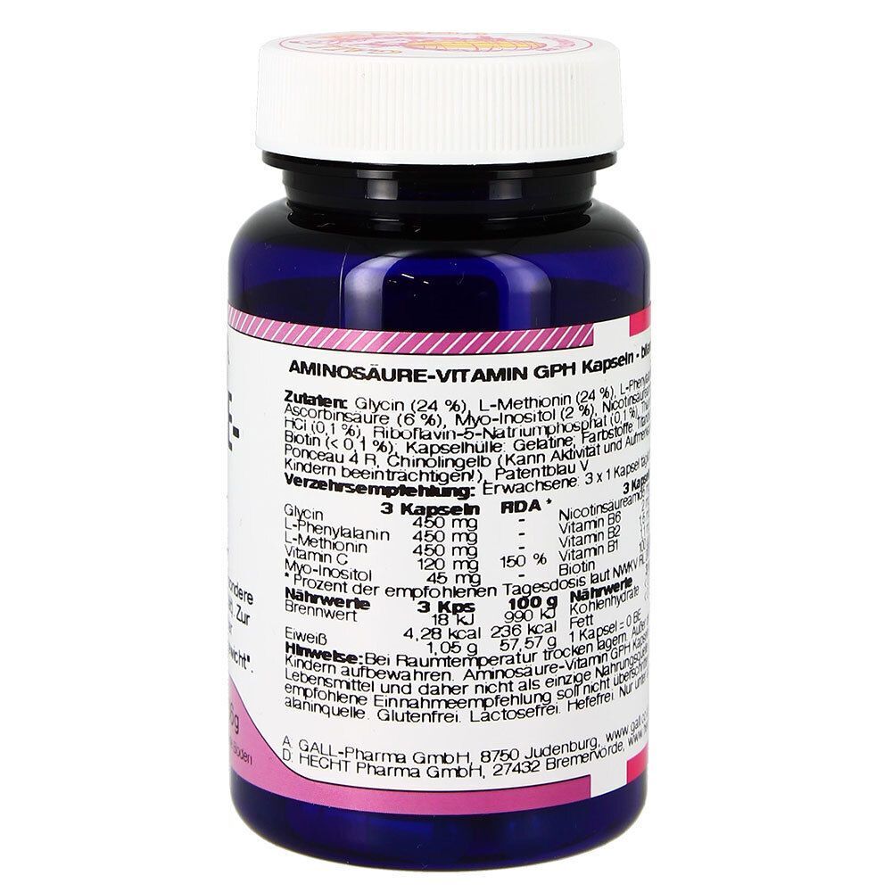 Eine Flasche GALL PHARMA Aminosäure-Vitamin GPH Kapseln, Rückseite mit Zutatenliste und Nährwertangaben.