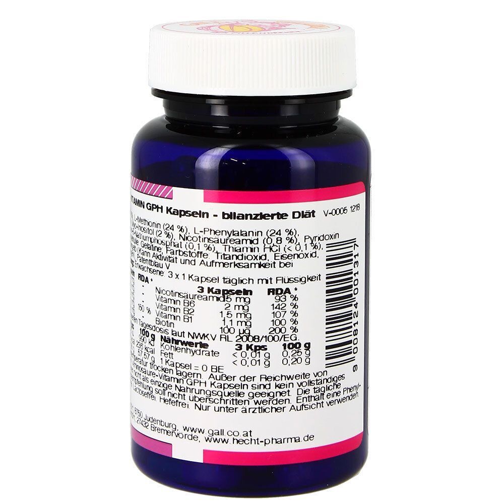 Eine Flasche GALL PHARMA Aminosäure-Vitamin GPH Kapseln, Rückseite mit detaillierten Nährwert- und RDA-Angaben.