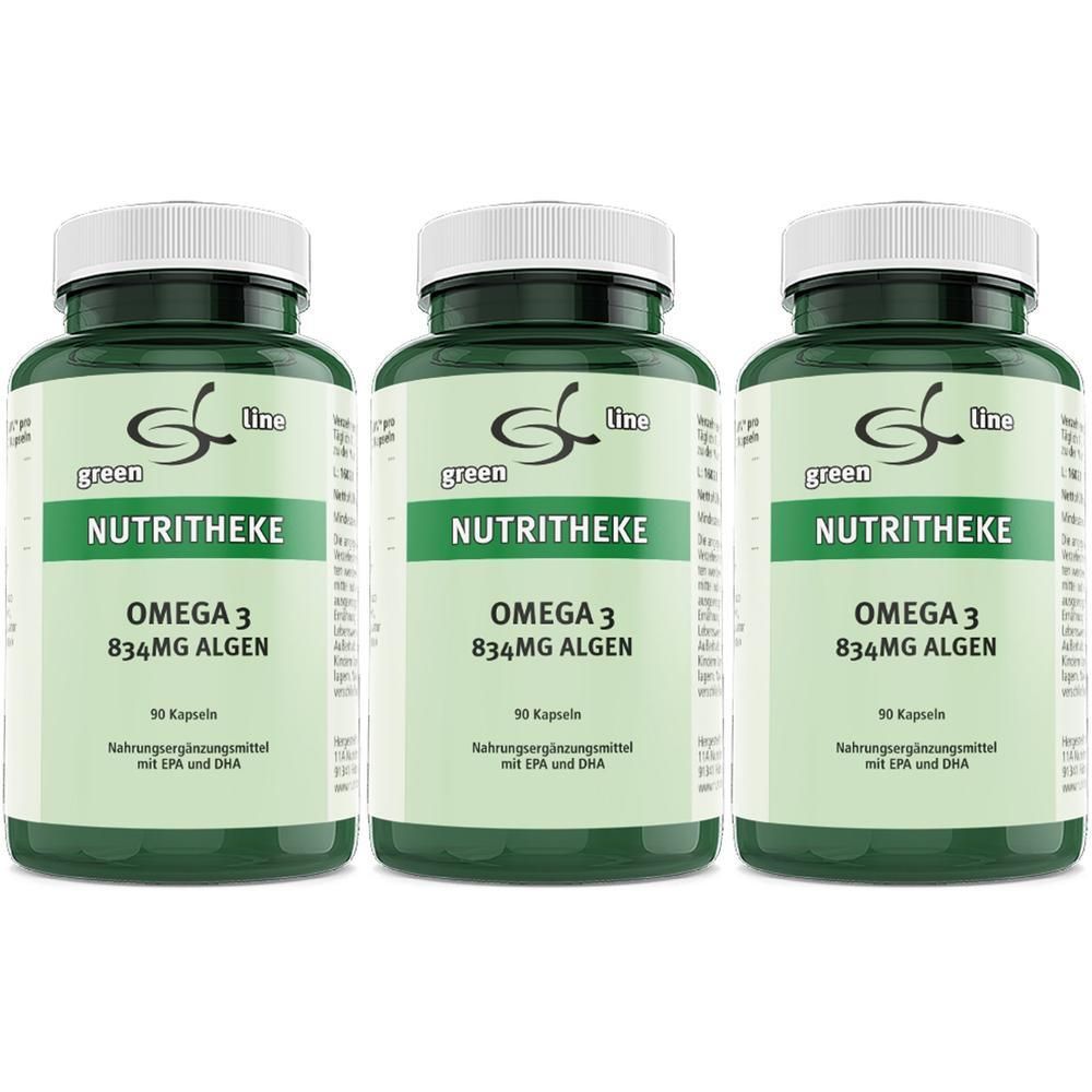 Drei grüne Behälter mit Omega 3 Algen Kapseln, jeweils 90 Stück.