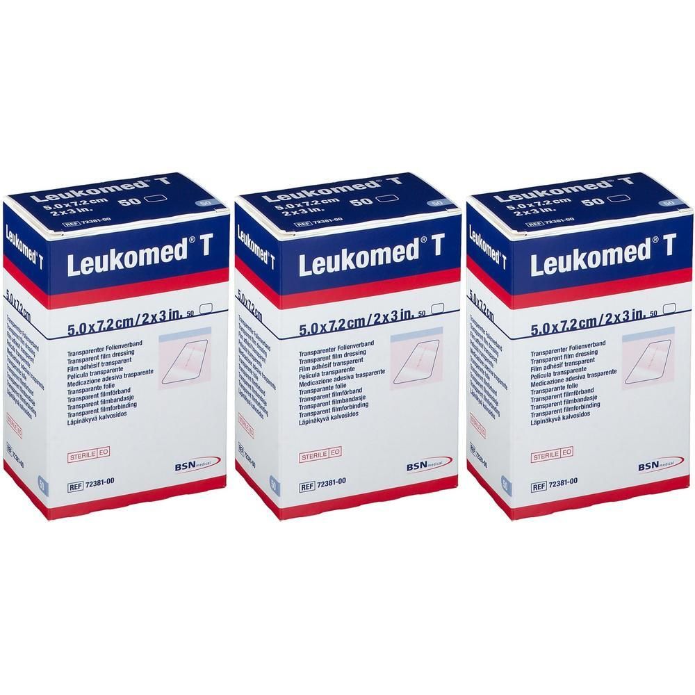 Drei Packungen Leukomed T, 5 cm x 7,2 cm, transparente Wundauflage.