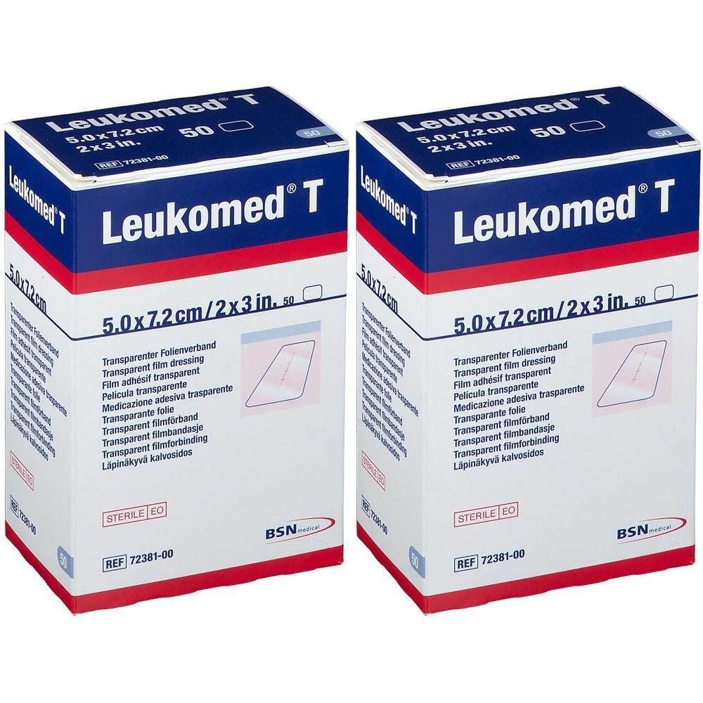Zwei Packungen Leukomed T, transparente Folienverbände, 5 cm x 7,2 cm steril.
