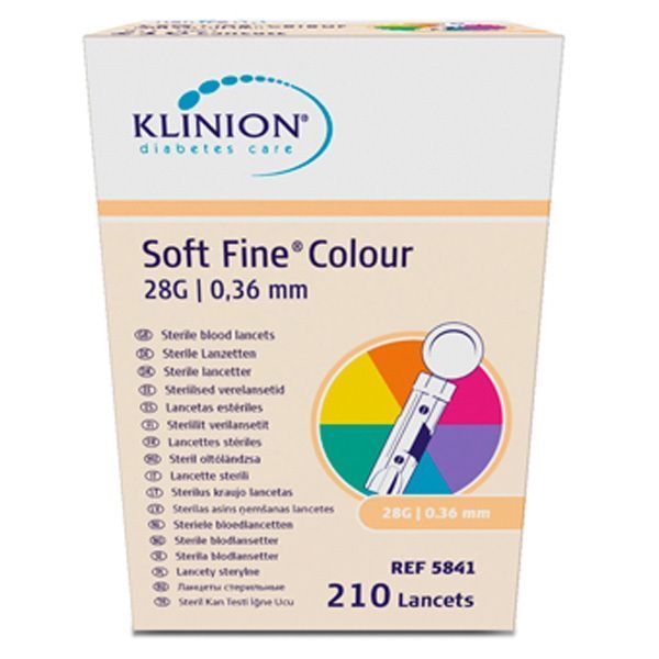 Eine Schachtel KLINION Soft Fine Colour Lanzetten, 28G | 0,36 mm, 210 Stück. Steril.