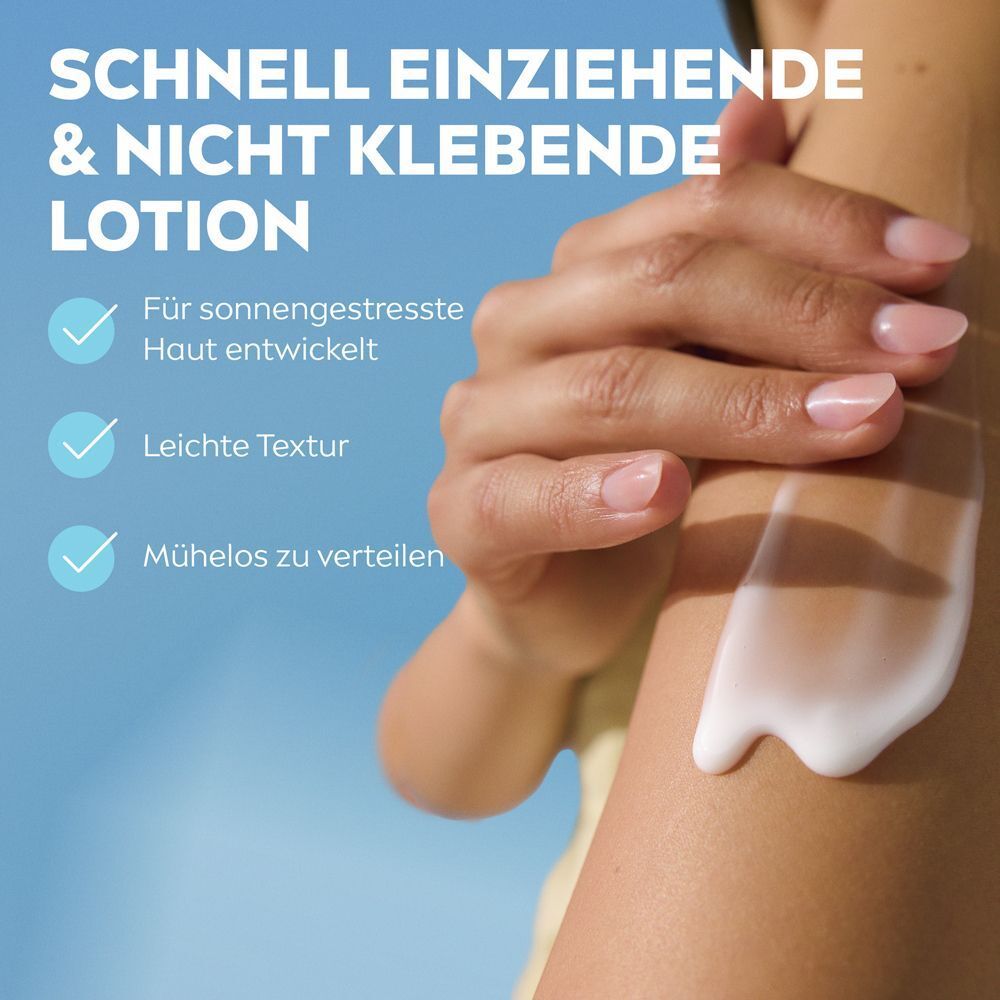Lotion wird auf den Arm aufgetragen, die schnell einziehende und nicht klebende Textur betonend.