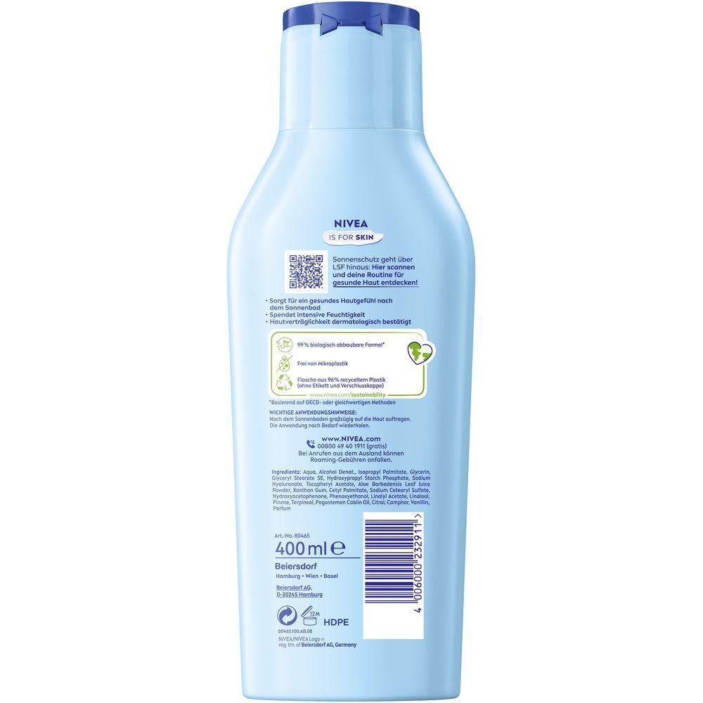 Rückseite einer Flasche NIVEA SUN Pflegende After Sun Lotion mit Inhaltsstoffen und QR-Code.