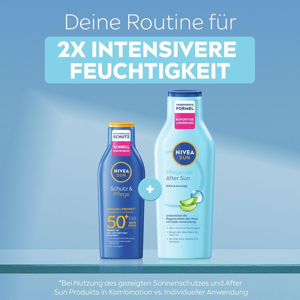Routine für 2x intensive Feuchtigkeit: NIVEA SUN Schutz & Pflege und Pflegende After Sun.
