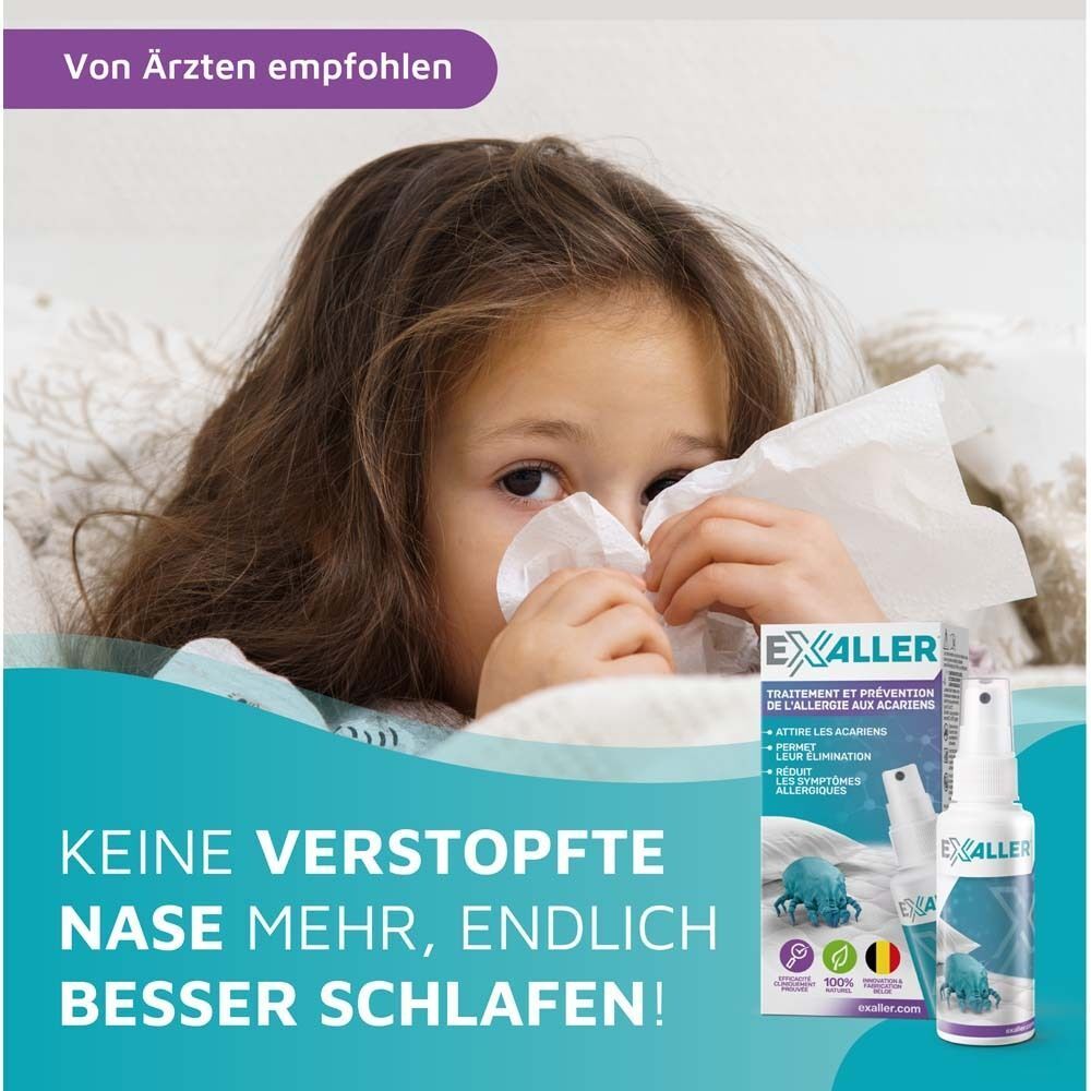 Kind mit verstopfter Nase, daneben ExAller® Spray. "Keine verstopfte Nase mehr, endlich besser schlafen!" ist zu lesen.