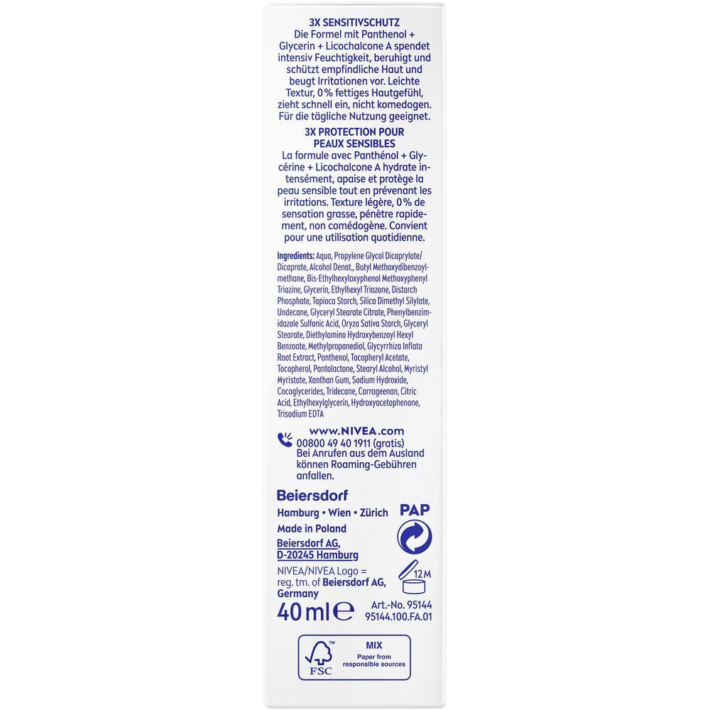 Rückseite einer NIVEA SUN UV Gesicht Sensitiv Tube mit Inhaltsstoffen und Herstellerangaben.