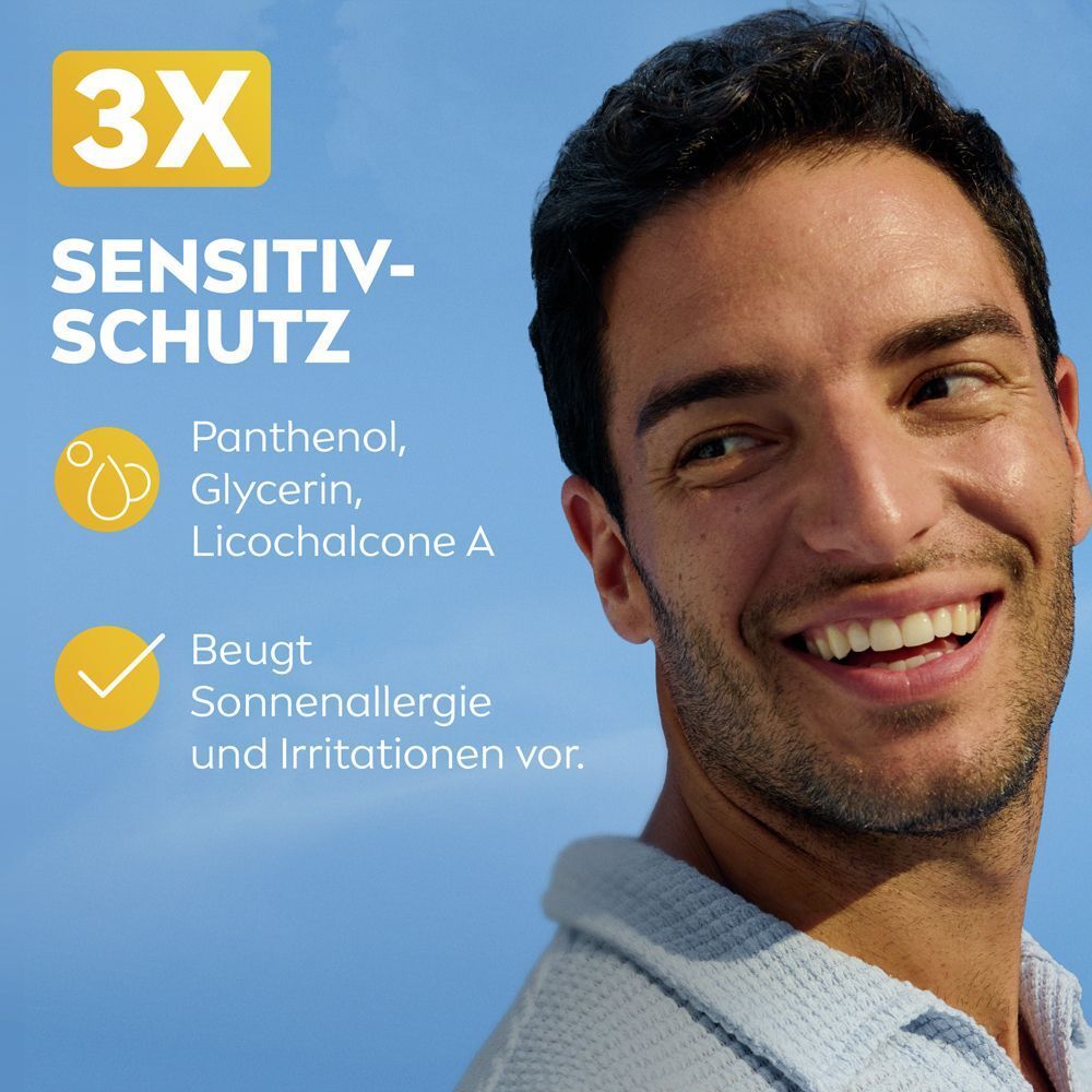 Mann mit NIVEA SUN Breathable UV Gesicht Sensitiv LSF 50+, schützt vor Sonnenallergie.