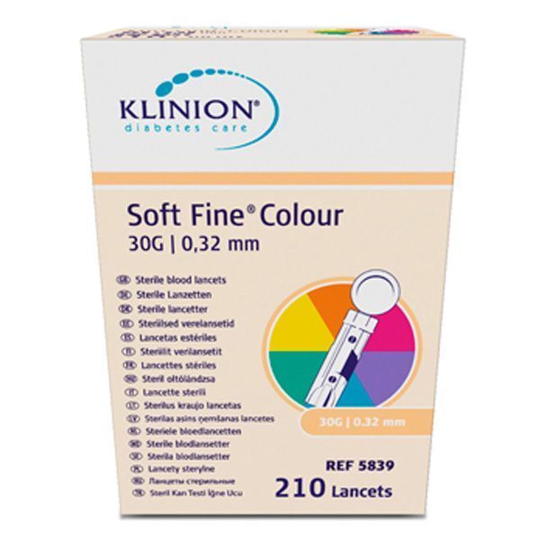 Packung KLINION Soft Fine Colour Lanzetten, 30G | 0,32 mm, 210 Stück.