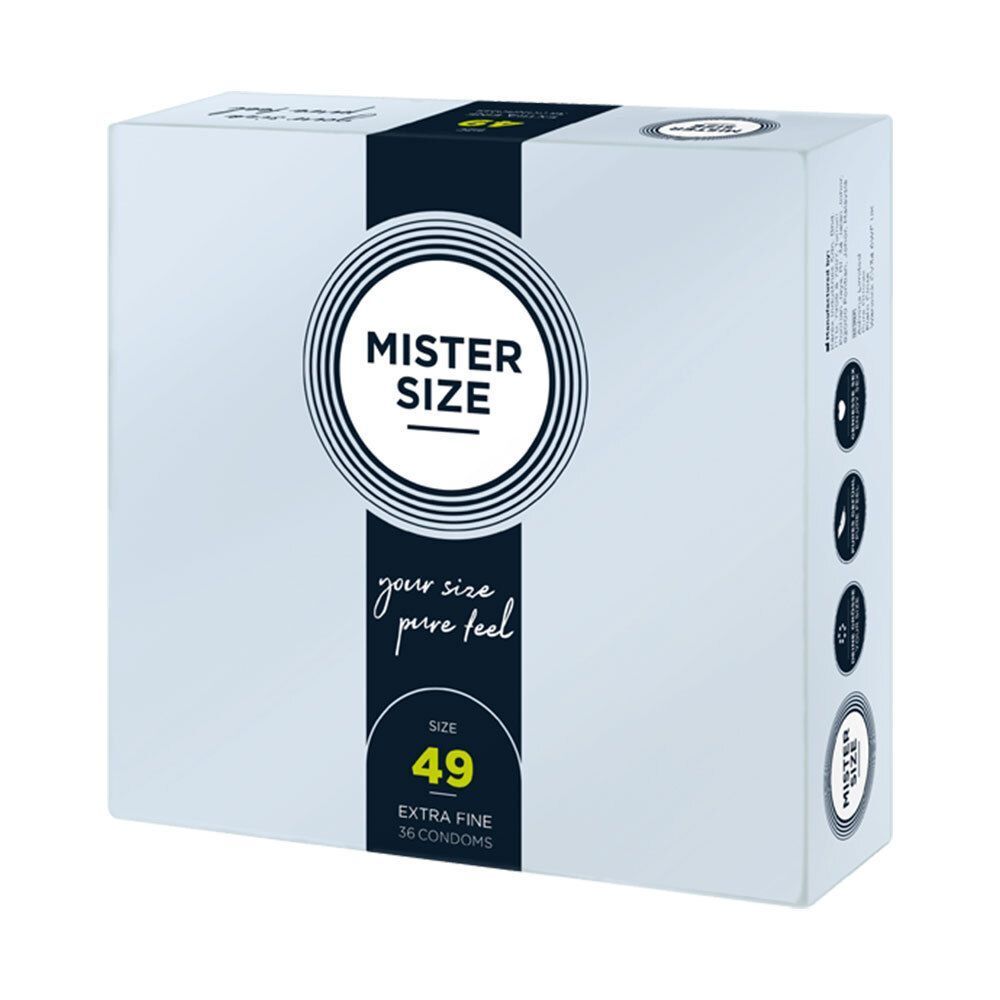 Eine Packung MISTER SIZE 49 Kondome, extra fein, 36 Stück, mit Größenangabe.