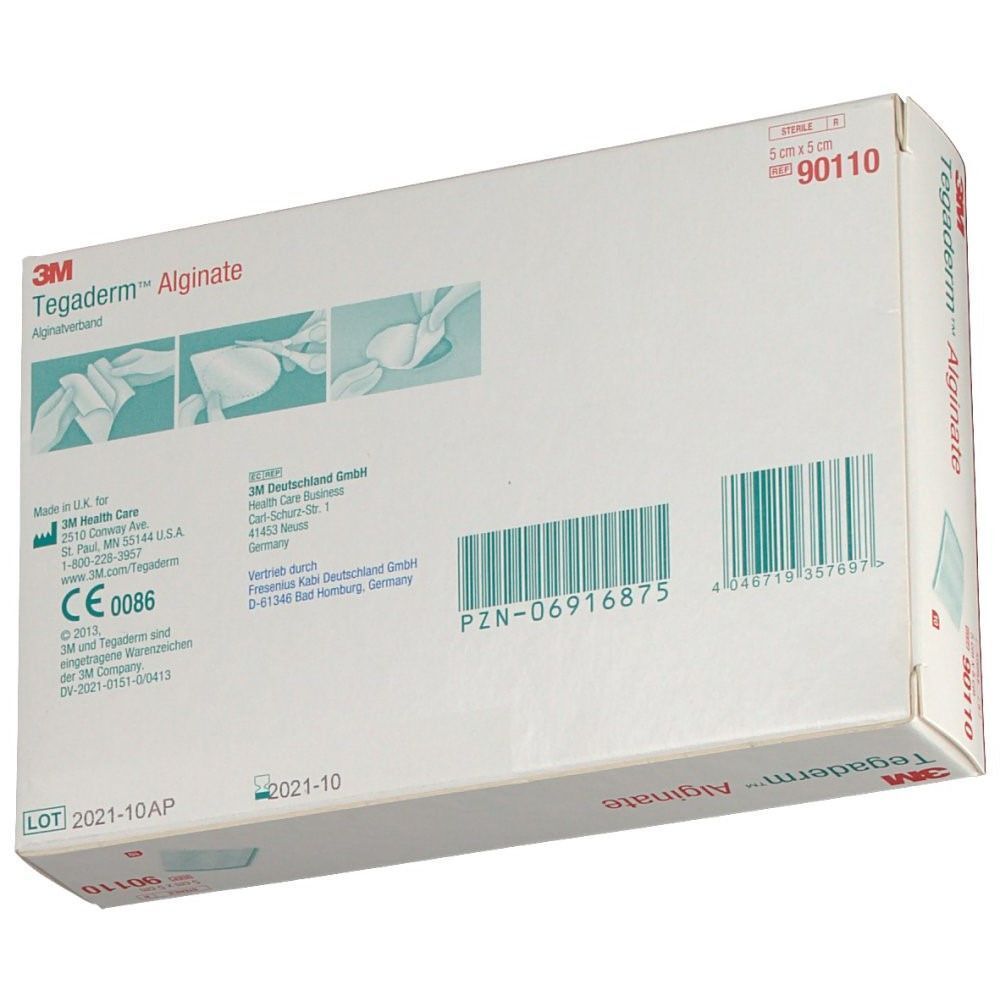 Rückseite einer Packung 3M Tegaderm Alginat Kompresse mit CE-Kennzeichnung und Anwendungshinweisen.