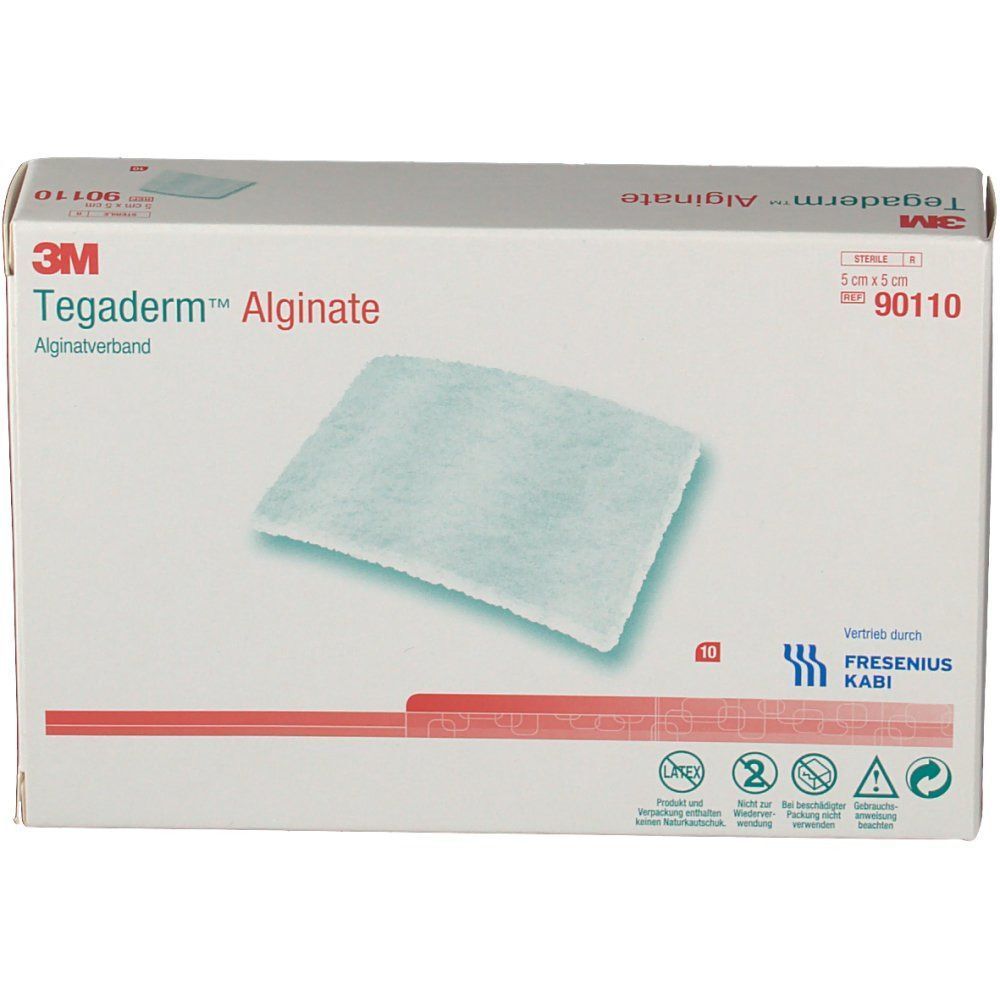 Vorderseite einer Packung 3M Tegaderm Alginat Kompresse, 5x5 cm, mit Produktabbildung.