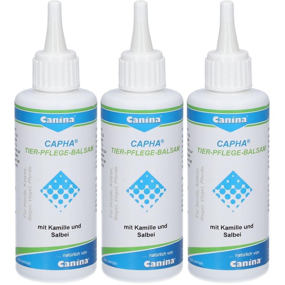 Drei weiße Flaschen Canina CAPHA Tier-Pflege-Balsam mit blau-grünem Etikett und weißem Applikator.