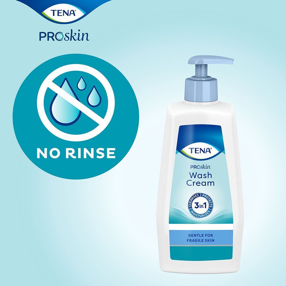 TENA Proskin 3-in-1 Waschcreme, 500ml, mit 'No Rinse'-Symbol.