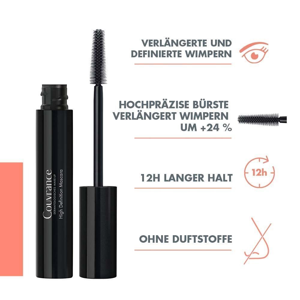 Eine Mascara-Tube und ein Applikator. Beschriftung: Verlängerte und definierte Wimpern, Hochpräzise Bürste, 12H langer Halt, Ohne Duftstoffe.
