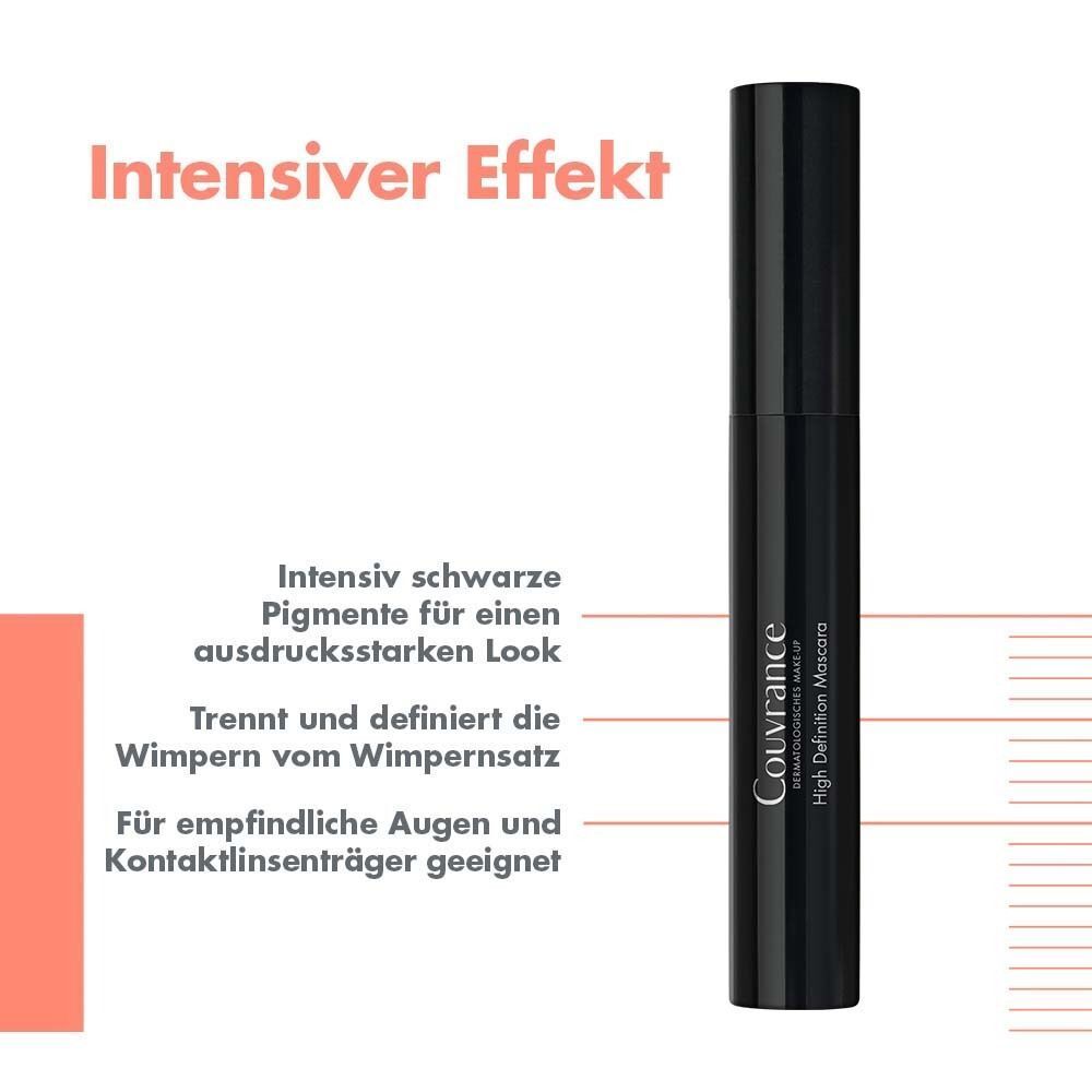 Eine geschlossene Mascara-Tube mit dem Schriftzug 'Couvrance High Definition Mascara'. Text: Intensiver Effekt, Intensiv schwarze Pigmente, Trennt und definiert die Wimpern.