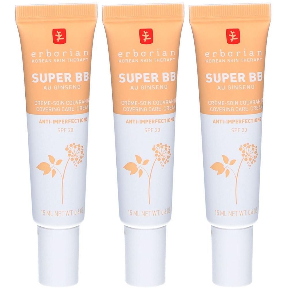 Drei Tuben Erborian Super BB Au Ginseng mit SPF 20. 15 ml Nettoinhalt.