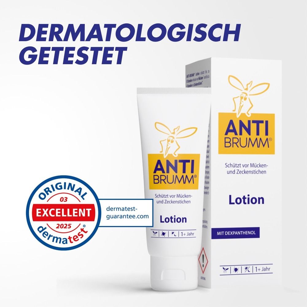 Tube und Kartonverpackung von Anti Brumm Lotion mit Dermatest-Siegel.