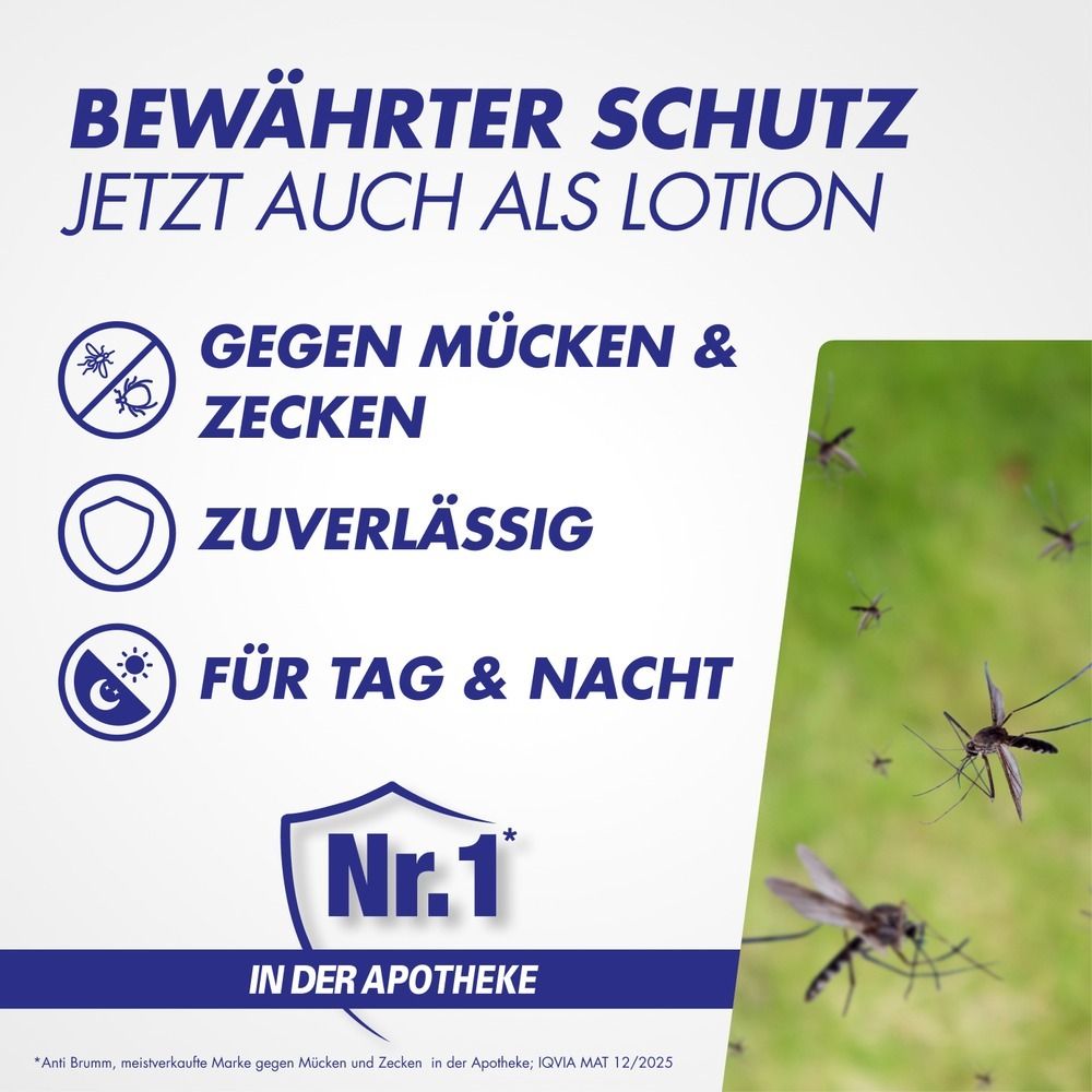 Anti Brumm Lotion: Bewährter Schutz gegen Mücken & Zecken, Tag & Nacht. Zuverlässig. Nr. 1 in der Apotheke.