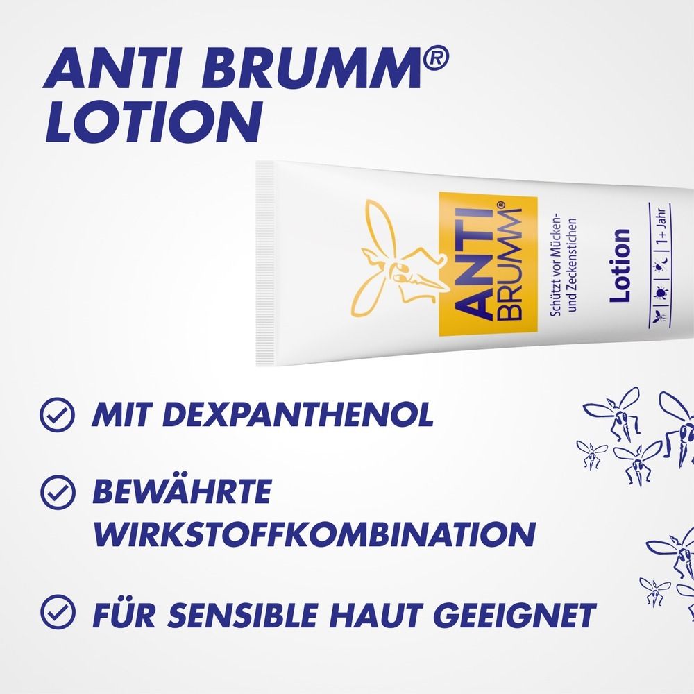Tube mit Anti Brummlotion, schützt vor Mücken und Zecken. Mit Dexpanthenol, für sensible Haut.