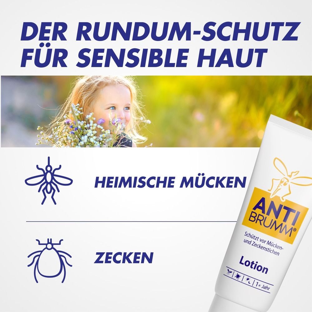Weiße Tube mit gelbem Etikett, zeigt eine lächelnde Frau und Symbole für Mücken und Zecken. Beschriftung: ANTI BRUMM Lotion. Schützt vor Mücken und Zeckenstichen.