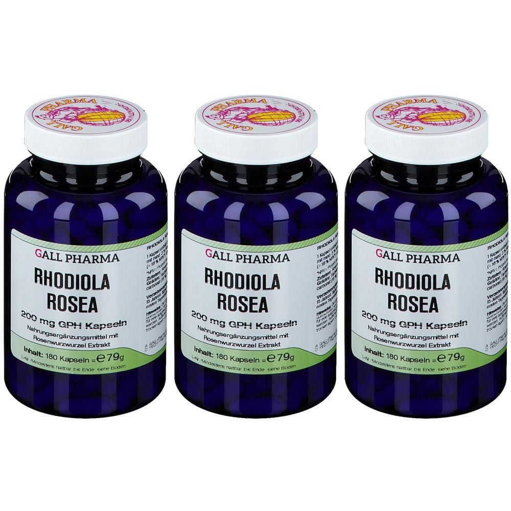 Drei Flaschen Rhodiola Rosea Kapseln von Gall Pharma, jeweils 200 mg.