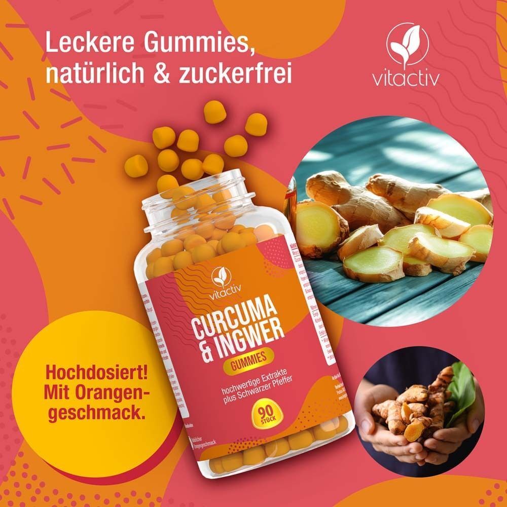 Flasche CURCUMA & INGWER Gummies, umgeben von Gummis und Ingwerwurzeln.